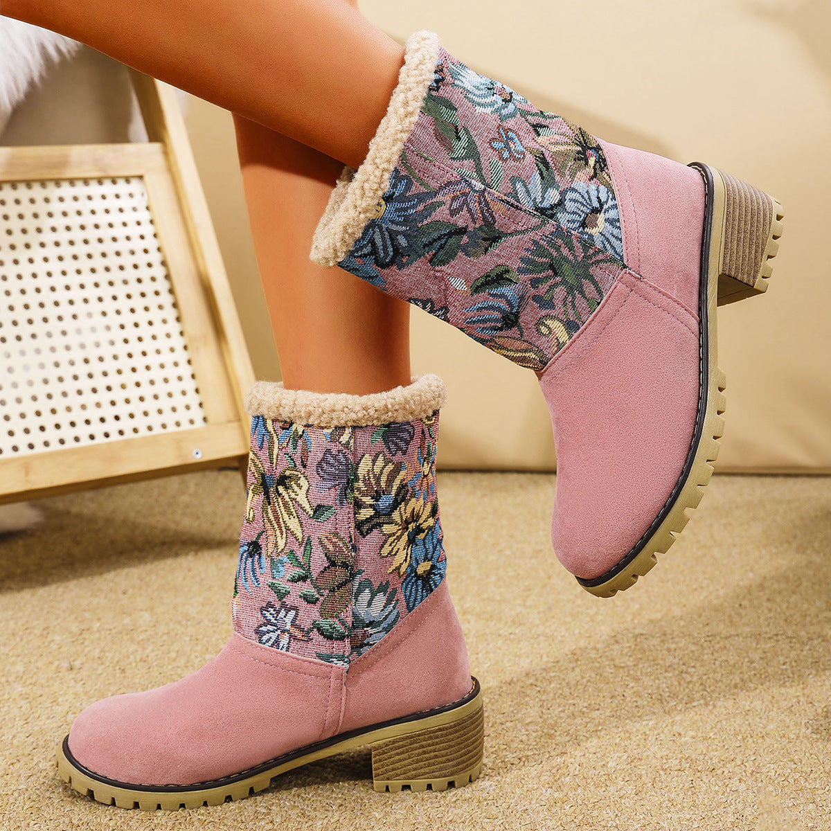 Embroidered Snow Boots - Ethnic Platform Square Heel