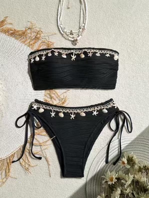 High-Waisted Bikini - Bandeau Push-Up Ruched Black - Fashions Envy