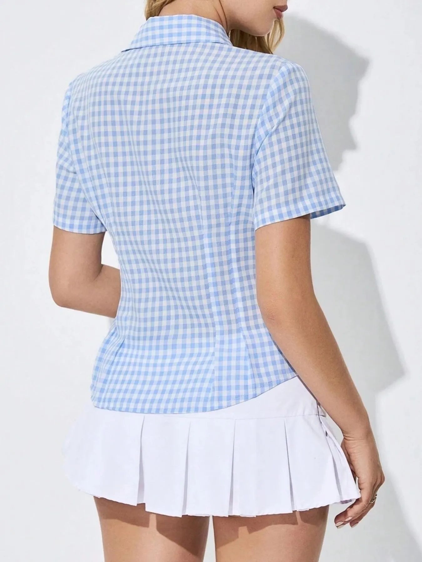 Trendsi light blue gingham Short Sleeve Button-Up Shirt back view paired with white pleated mini skirt