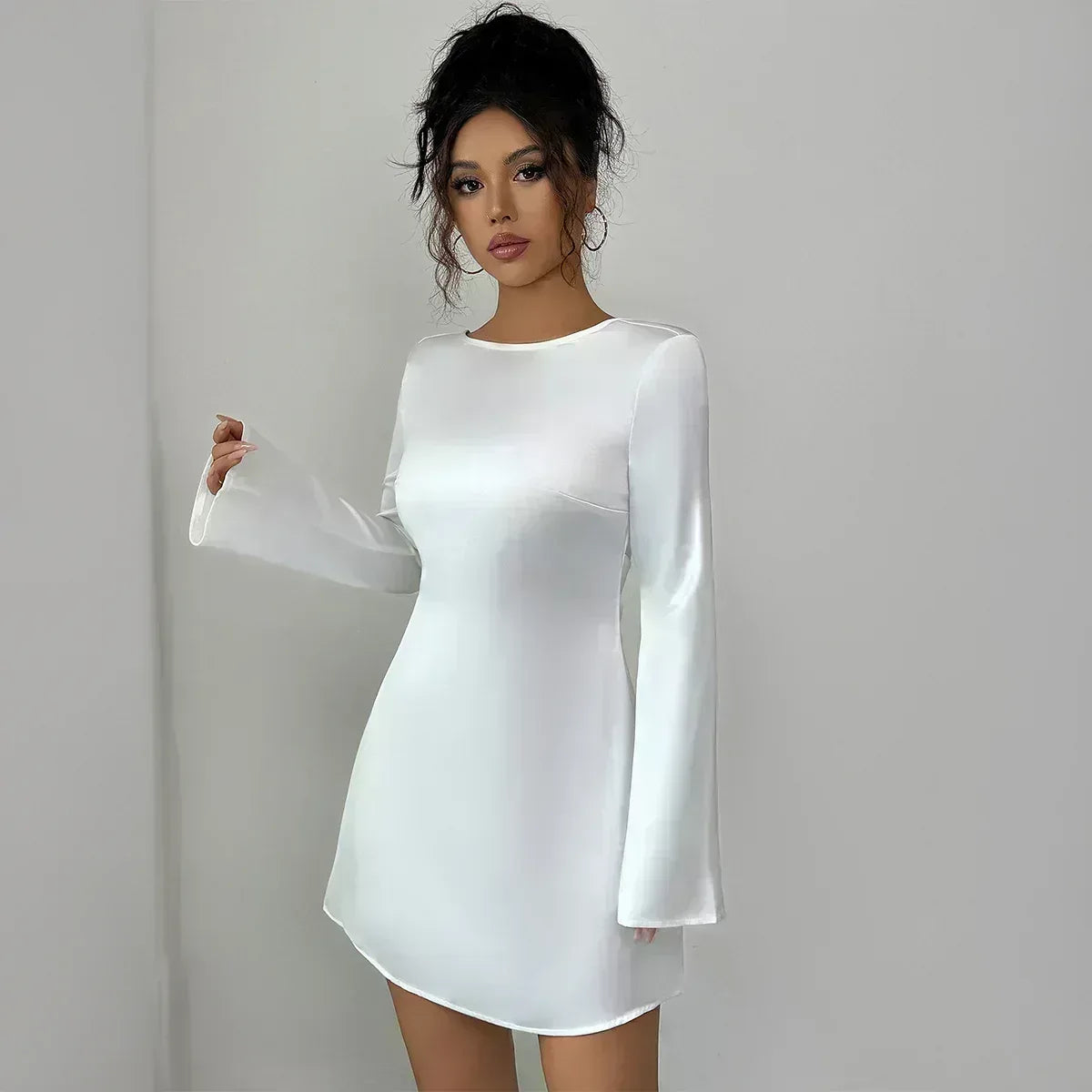 Backless Mini Dress - Flared Long Sleeve Party Dress - Fashions Envy