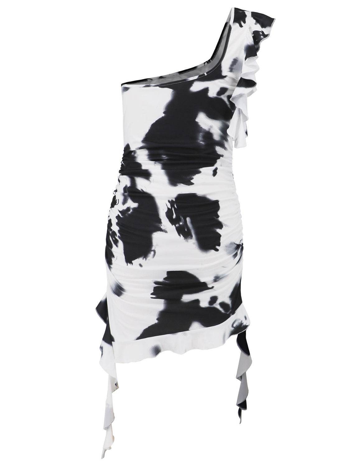Ruffled Tie-Dye Single Shoulder Mini Dress - Fashions Envy