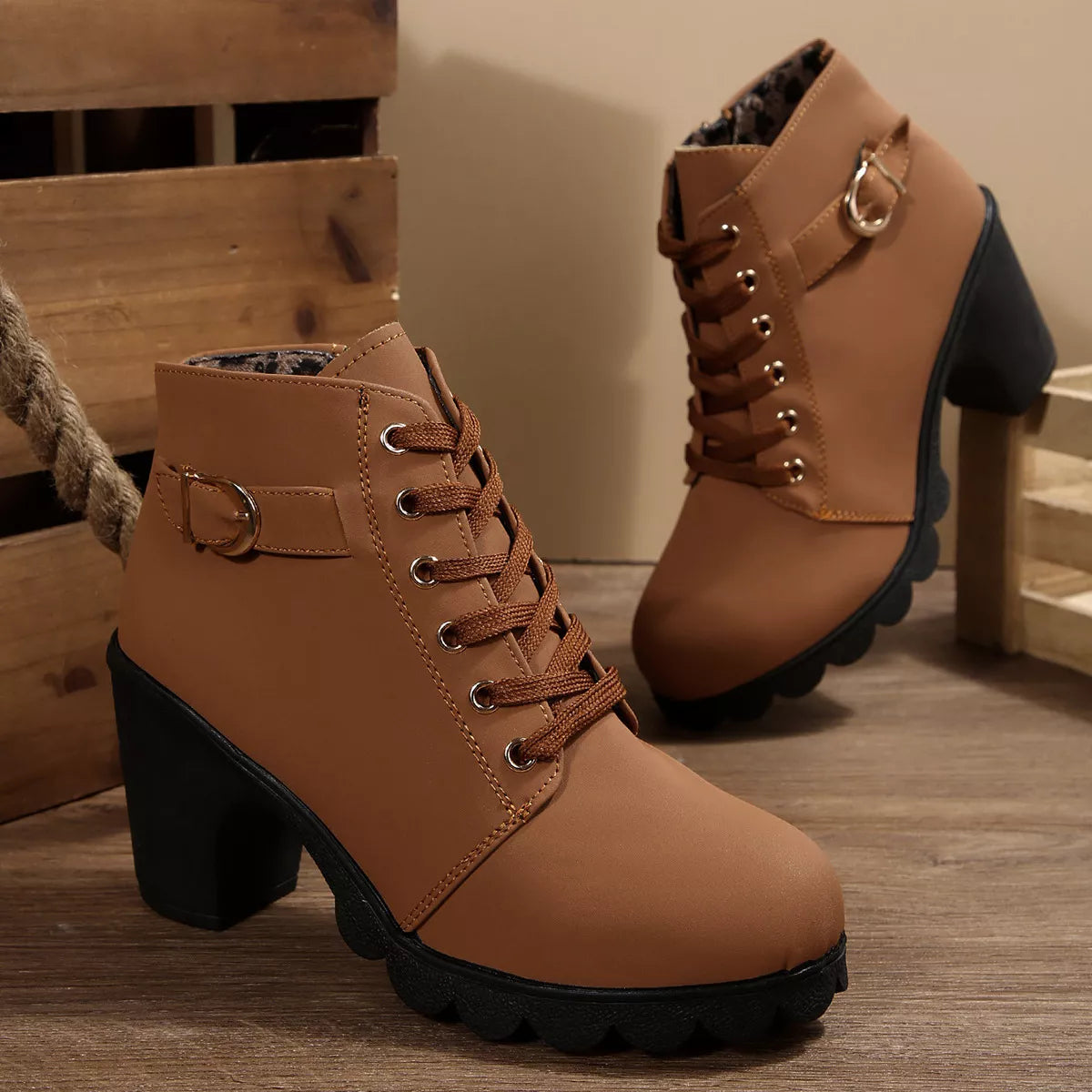 Lace Up Boots - Block High Heels - Fashions Envy