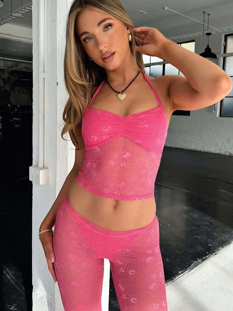 Sexy Floral Lace Patchwork Sleeveless Crop Top Bodycon Pants Outfit Set