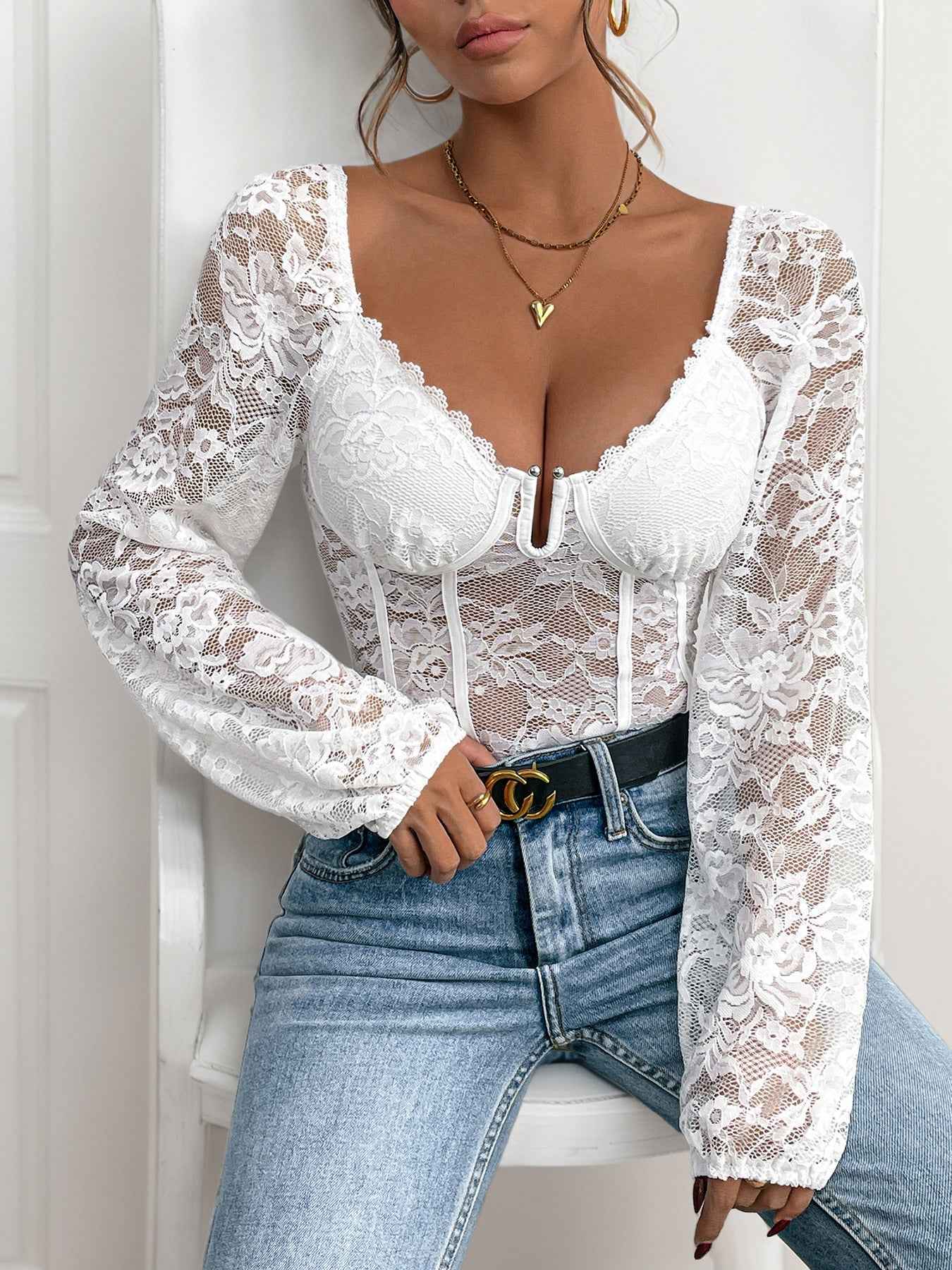 V-Neck Lace Bodysuit - Long Sleeve Sheer Style - Fashions Envy