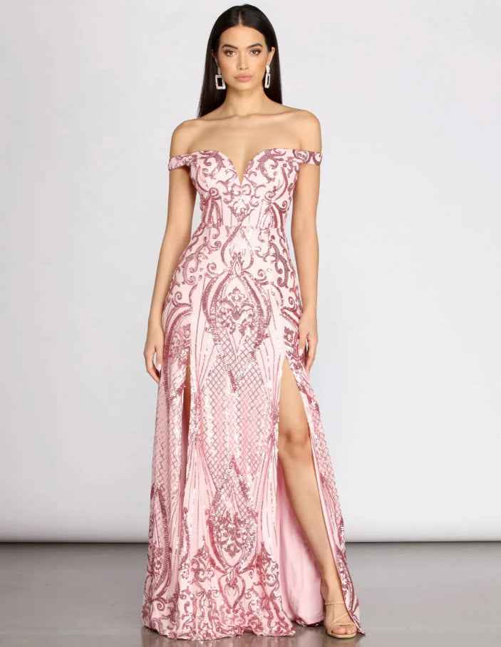 Pink Sequin Maxi Dress - Deep V-Neck Floor Length Gown