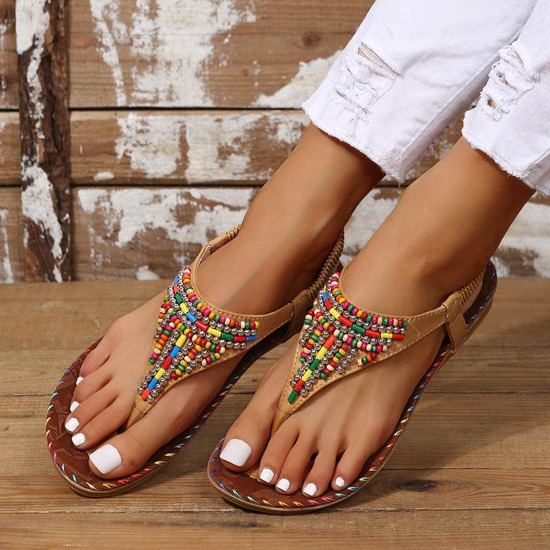 PU Leather Beaded Flat Sandals - Fashions Envy