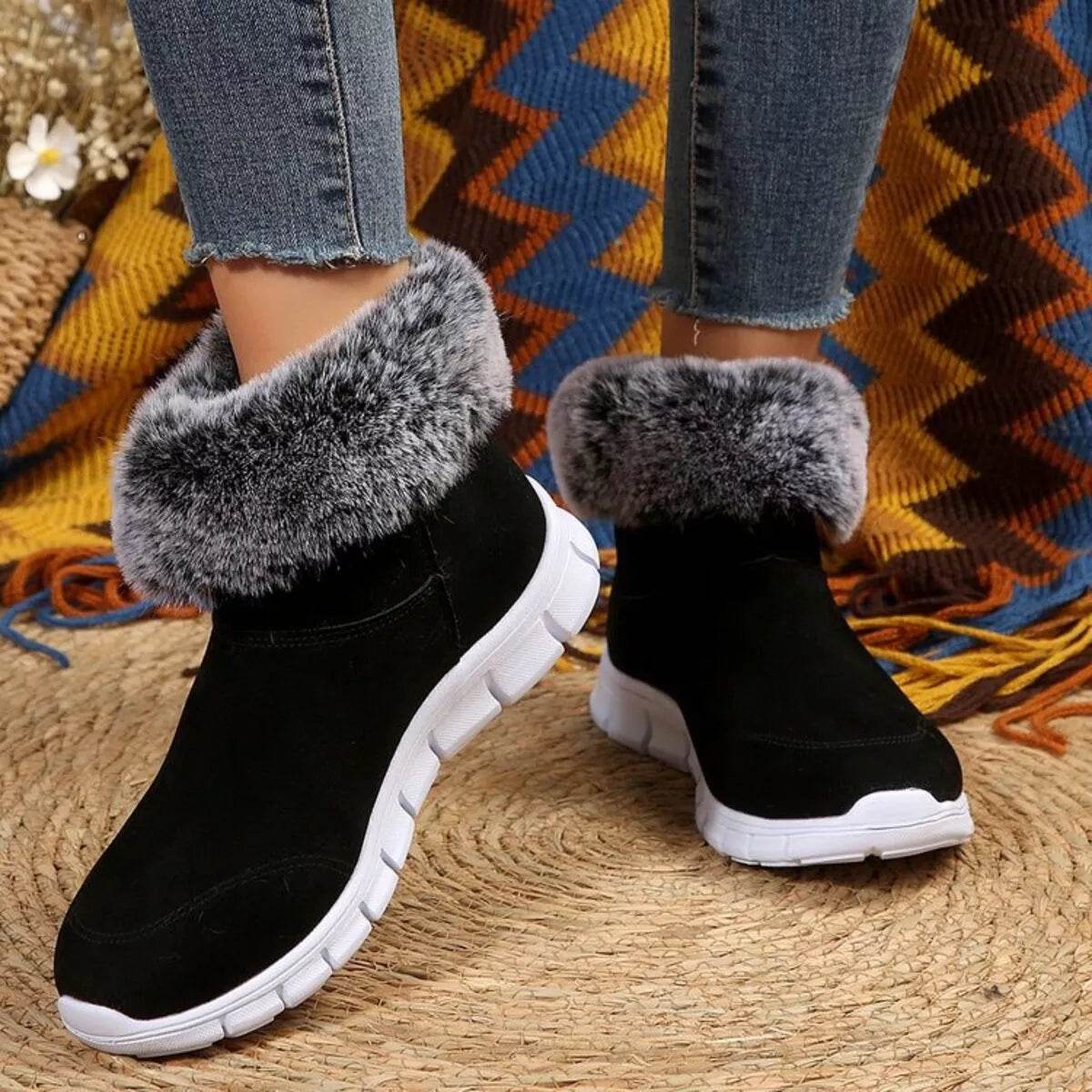 Side Zip Faux Fur Boots - Cozy Low Heel Winter Boots - Fashions Envy