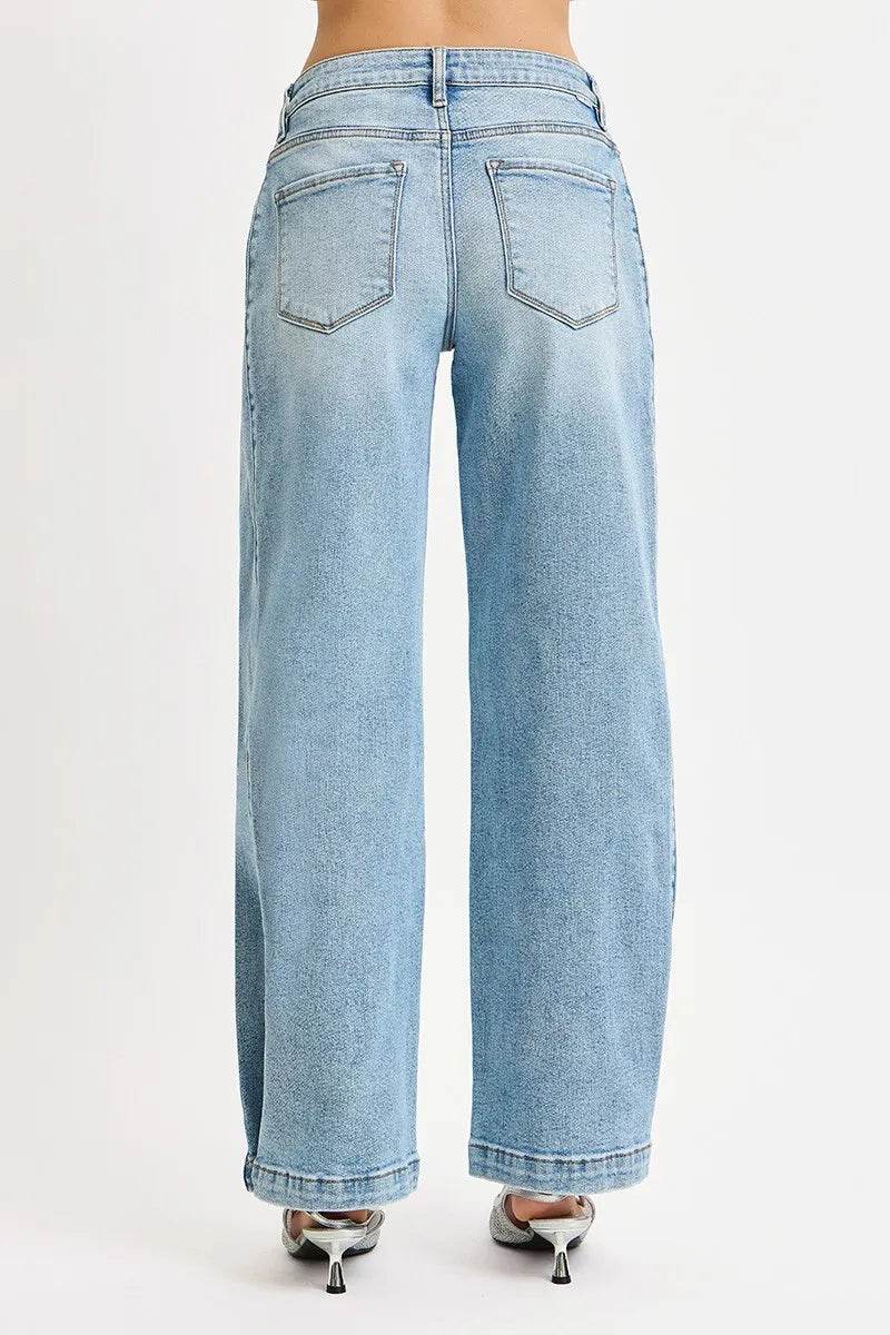 RISEN Mid Rise Wide Barrel Transferable Leg Snap Jeans - Fashions Envy
