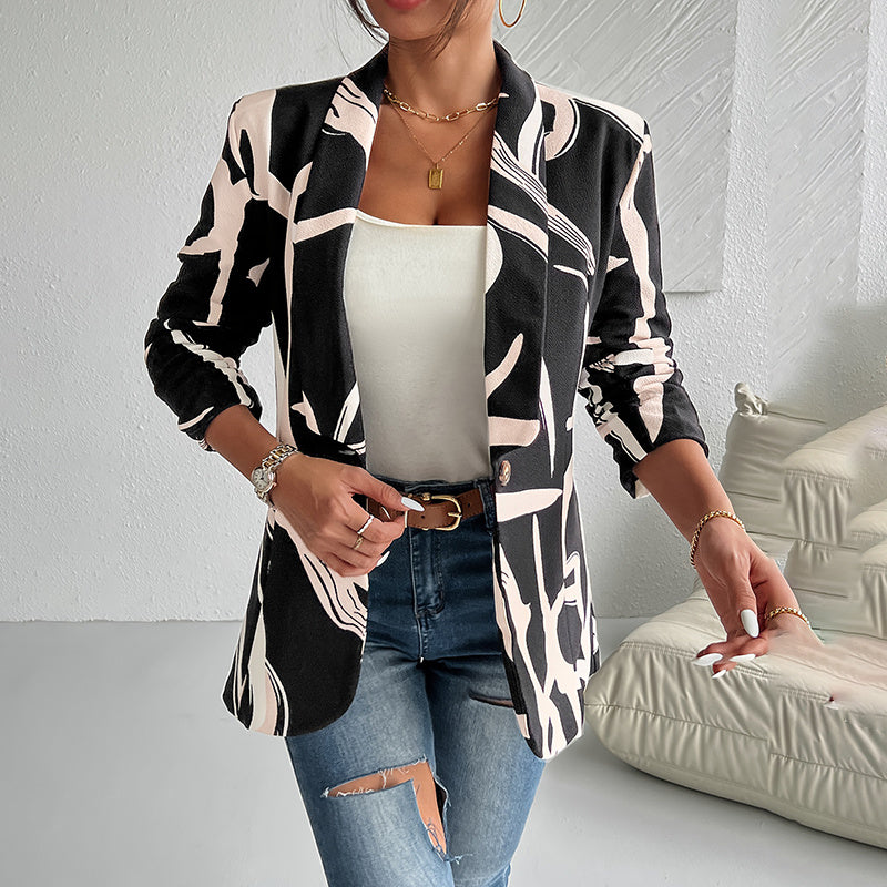 Women's Abstract Print Blazer - Button Front Office Jacket - Fashions Envy