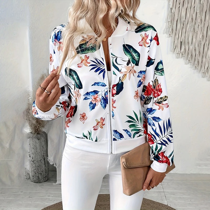 Women's Botanical Print Zip Jacket - Round Neck Spring Coat - Fashions Envy
