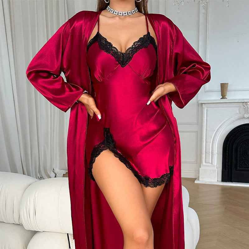 Satin Robe Set - Long Sleeve Robe and Slip Nightdress