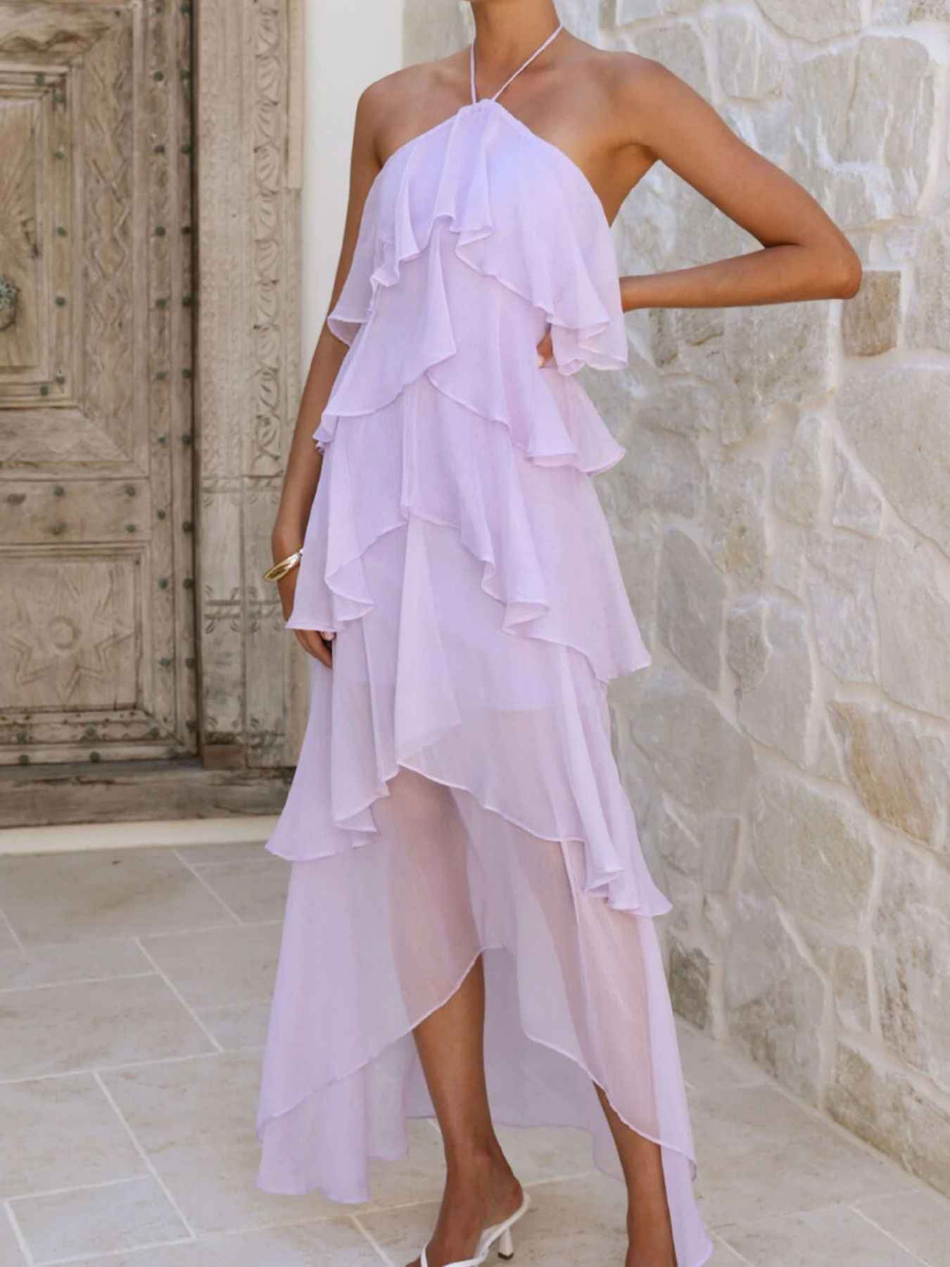 Tiered Ruffle Halter Midi Dress - Layered Flowy Style