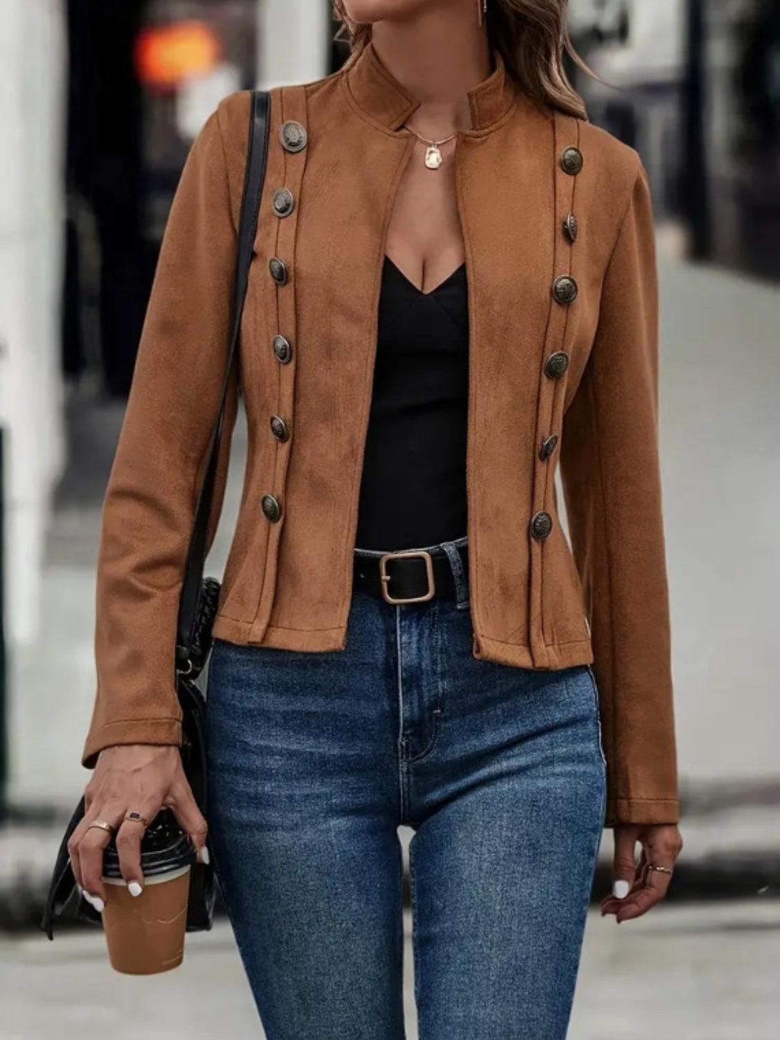 Decorative Button Open Front Long Sleeve Jacket - Fashions Envy