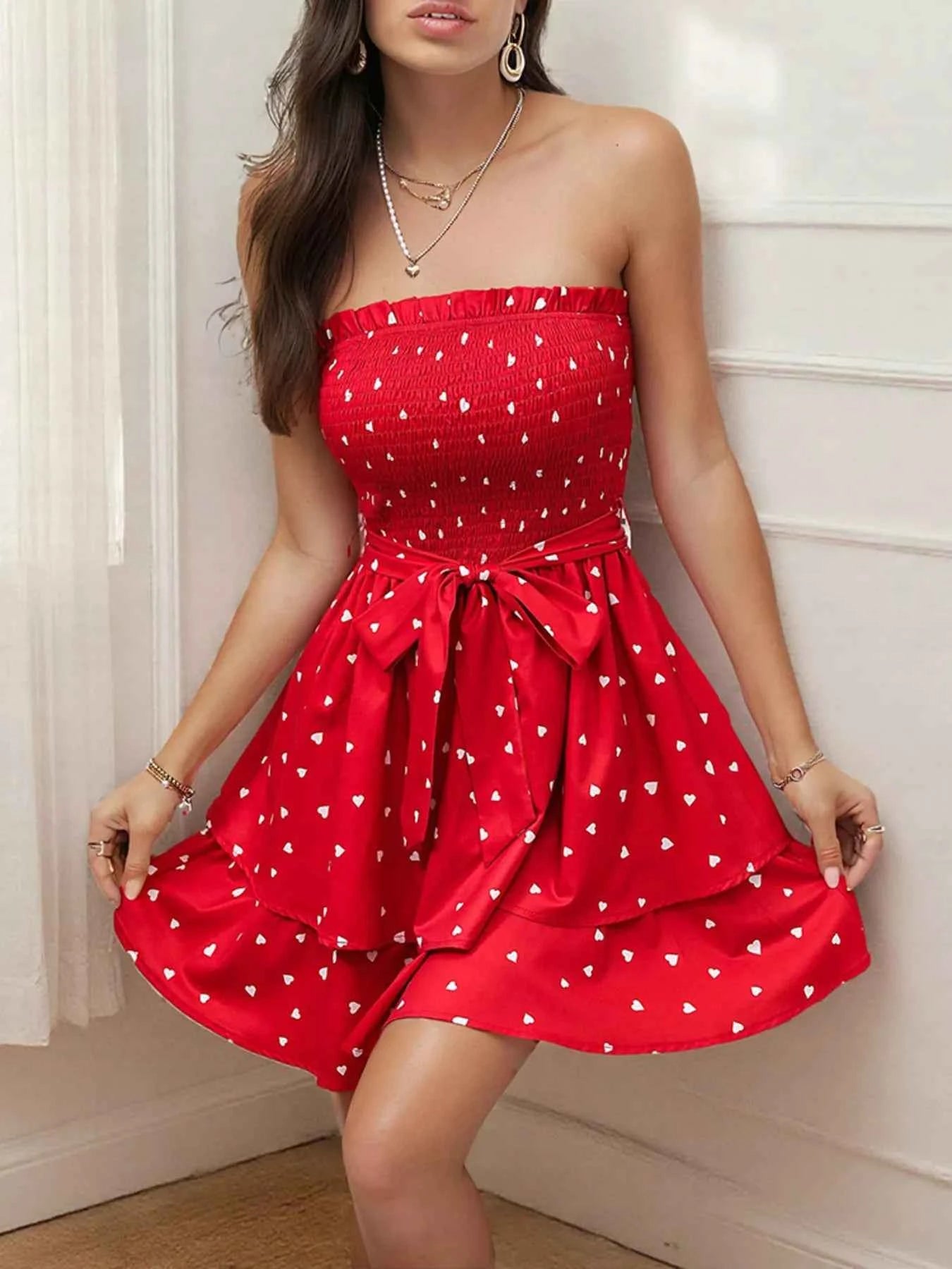 Deep Red Tube Mini Dress - Smocked Layered