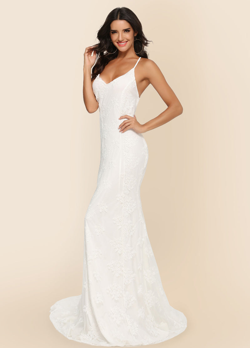 V-Neck Wedding Dress - Elegant Trailing Bridal Gown