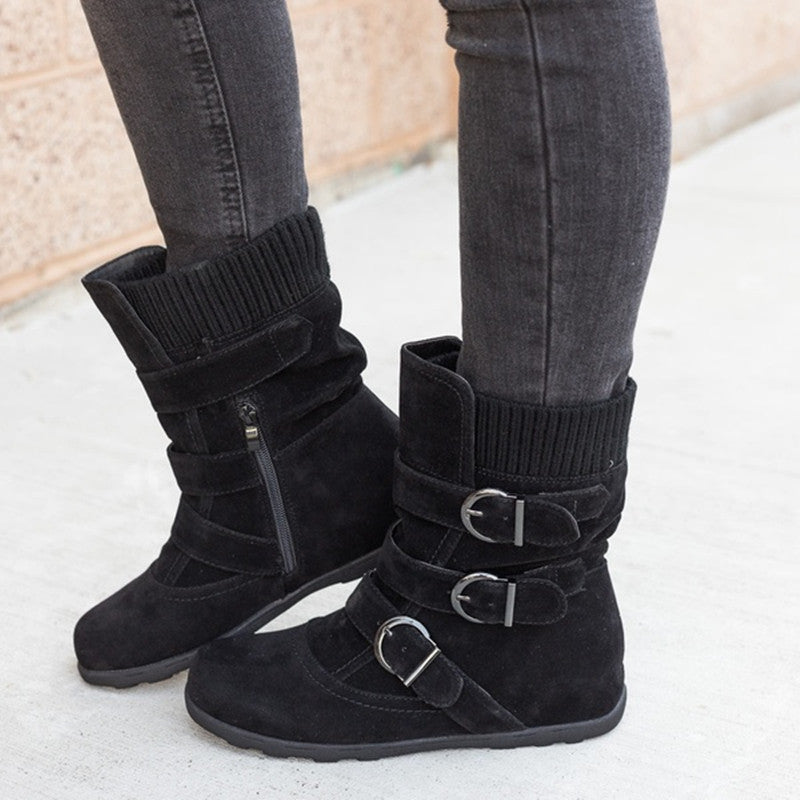 Women's Casual Winter Boots - Strap Buckle Design - Fashions Envy