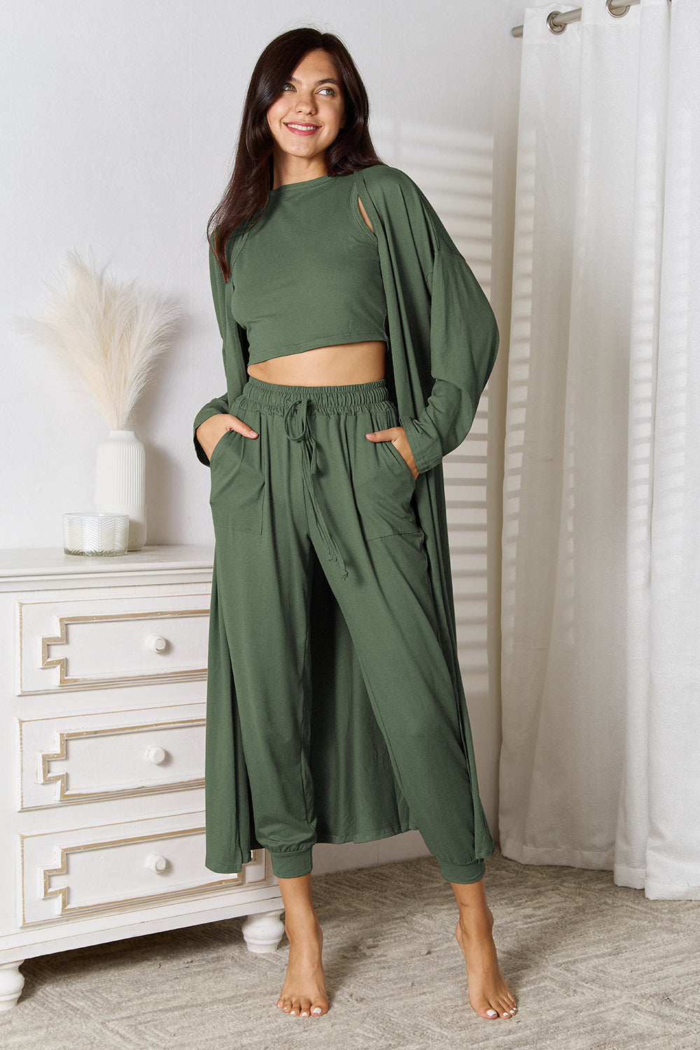 Crop Tank Top & Capri Pants with Long Cardigan Set