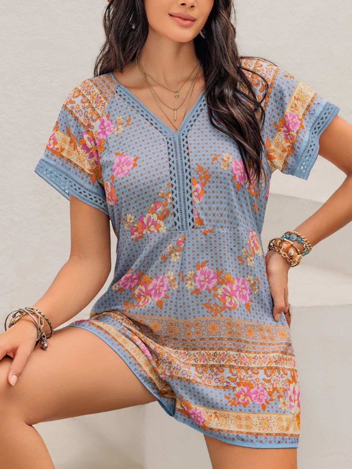 Printed V-Neck Short Sleeve Light Blue Romper