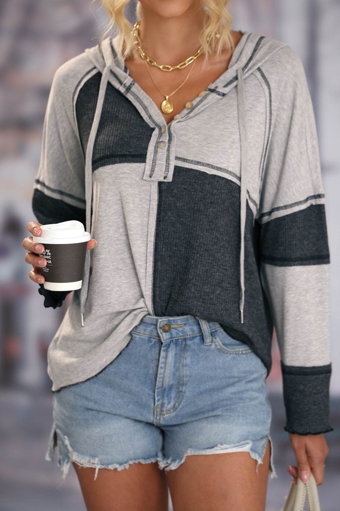 Multicolor Colorblock Ribbed Henley Hoodie - Fashions Envy