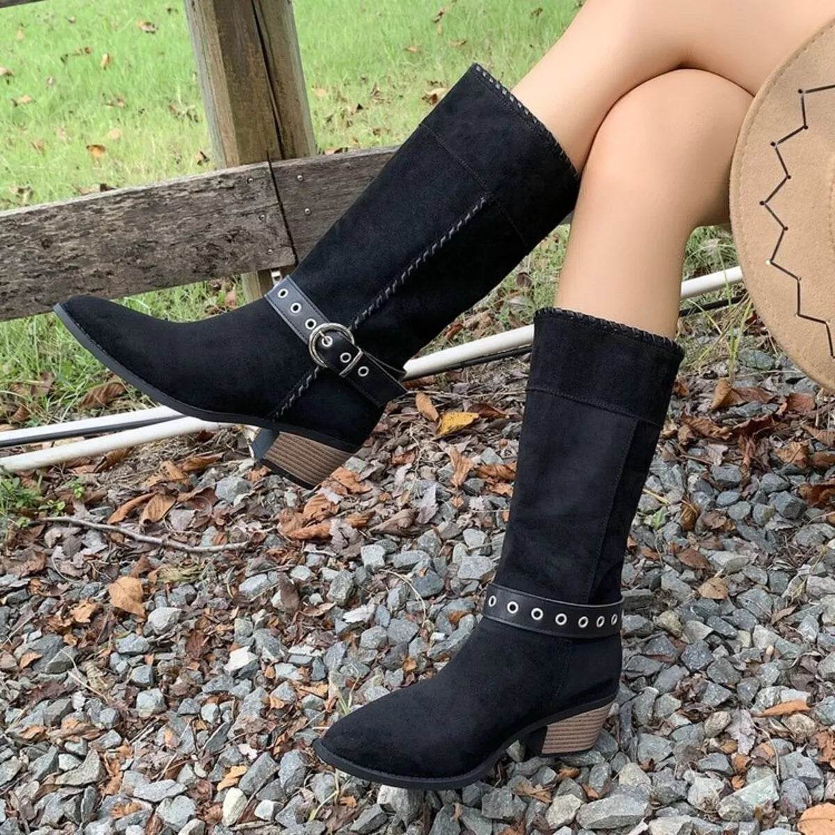 Point Toe Block Heels Boots - Mid Heel Ankle Boots - Fashions Envy