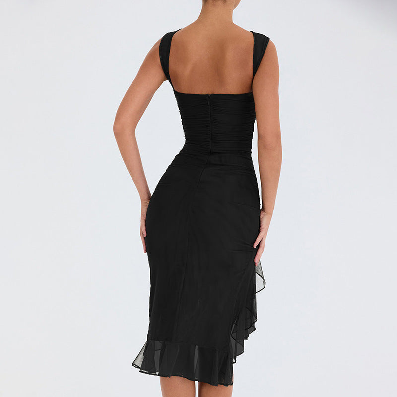 High-Neck Ruffle Hem solid Color Midi Dress