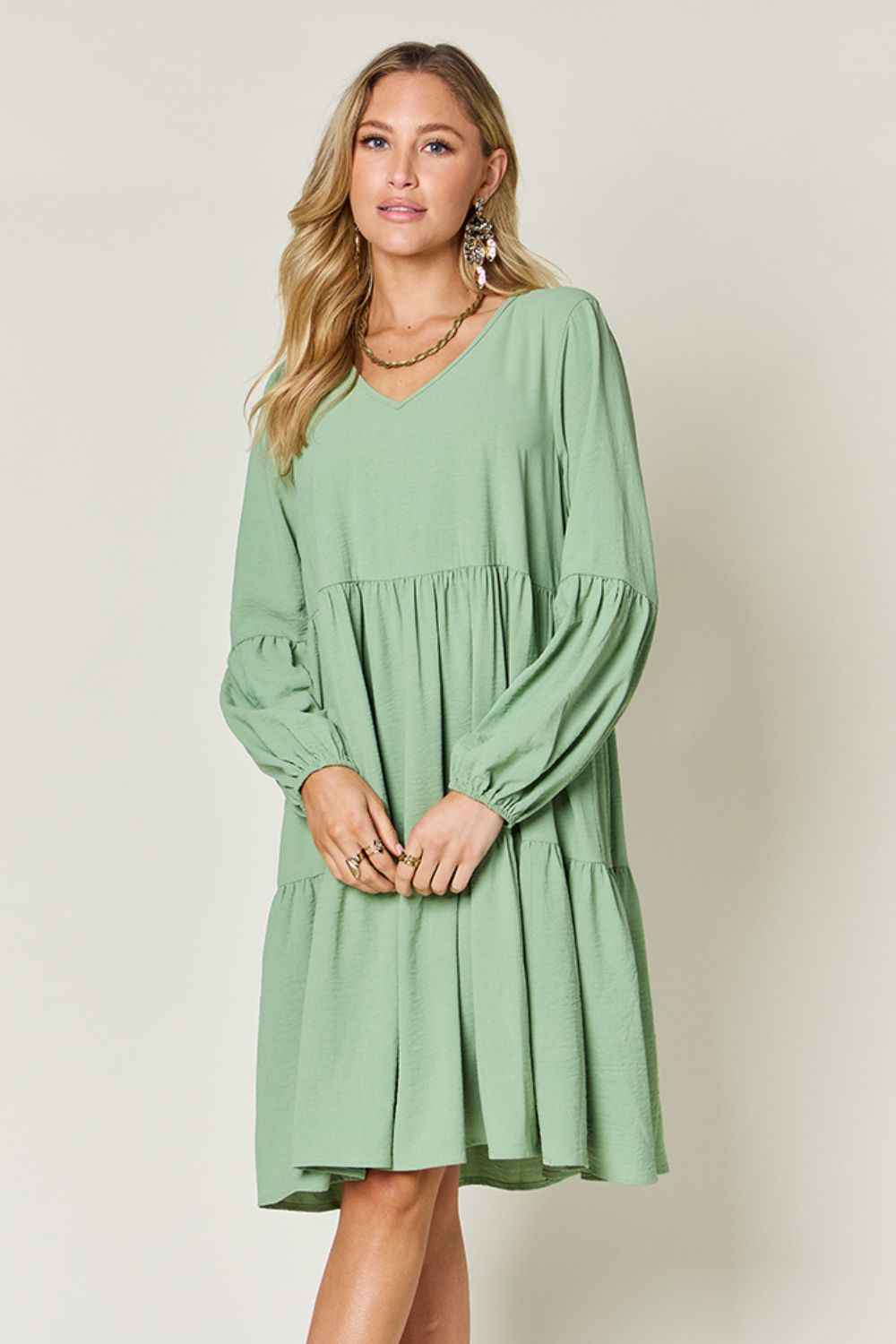 Double Take Full Size V-Neck Balloon Sleeve Tiered Dress with Pockets