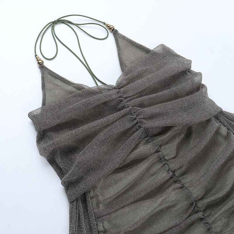 Sexy Sequin Pleated Mini - Off-Shoulder Tied Bodycon Dress