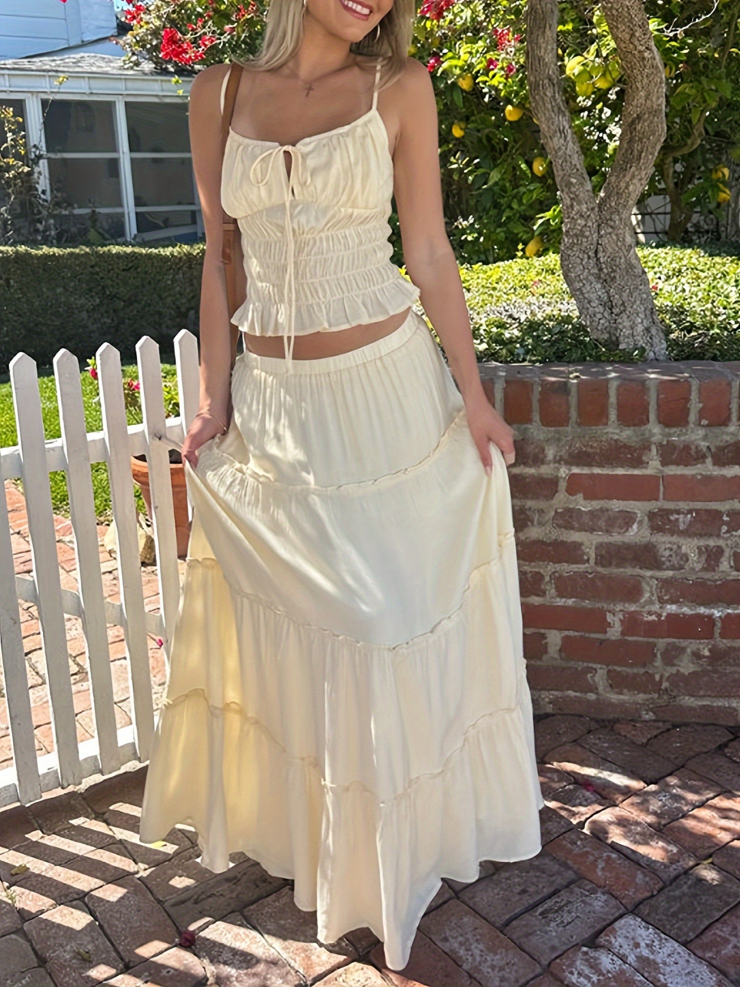 Light Yellow Ruched Tie-Up Front Sleeveless Cami Top & Maxi Skirt Outfit Set