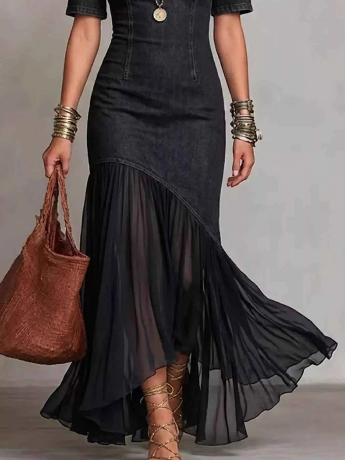 Ruffle Hem Maxi Dress - Mock Neck Cold Shoulder