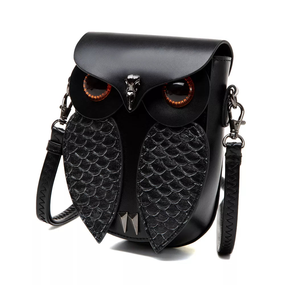 Owl Crossbody Bag - Black Leather Mini Design - Fashions Envy