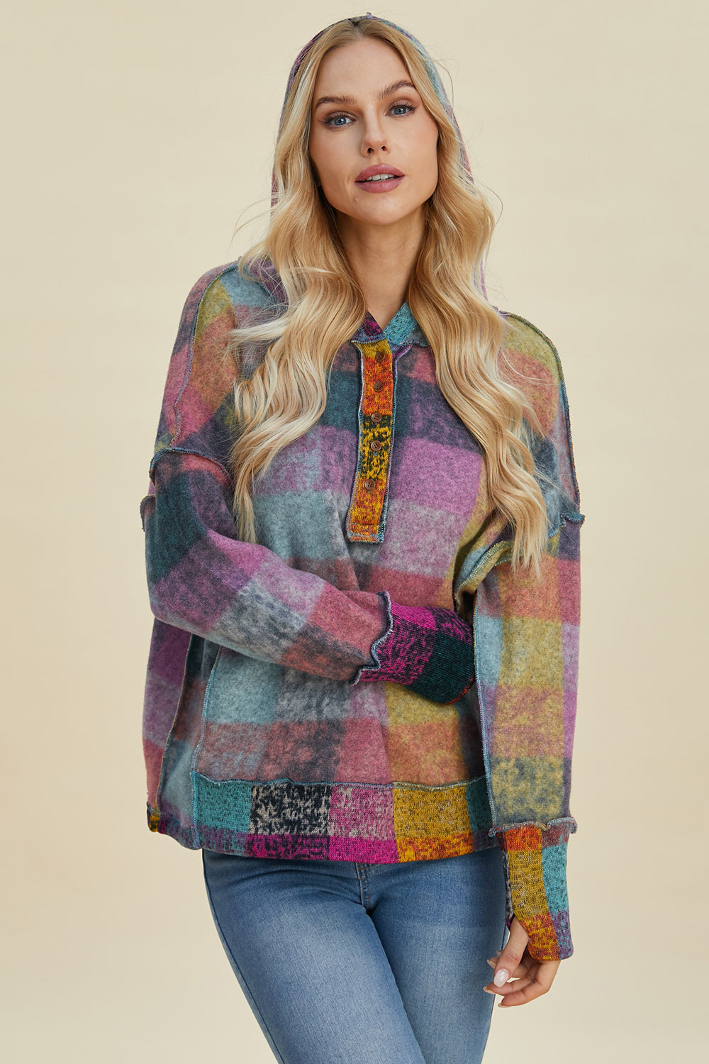 Double Take Full Size Plaid Dropped Shoulder Hoodie - Fashions Envy