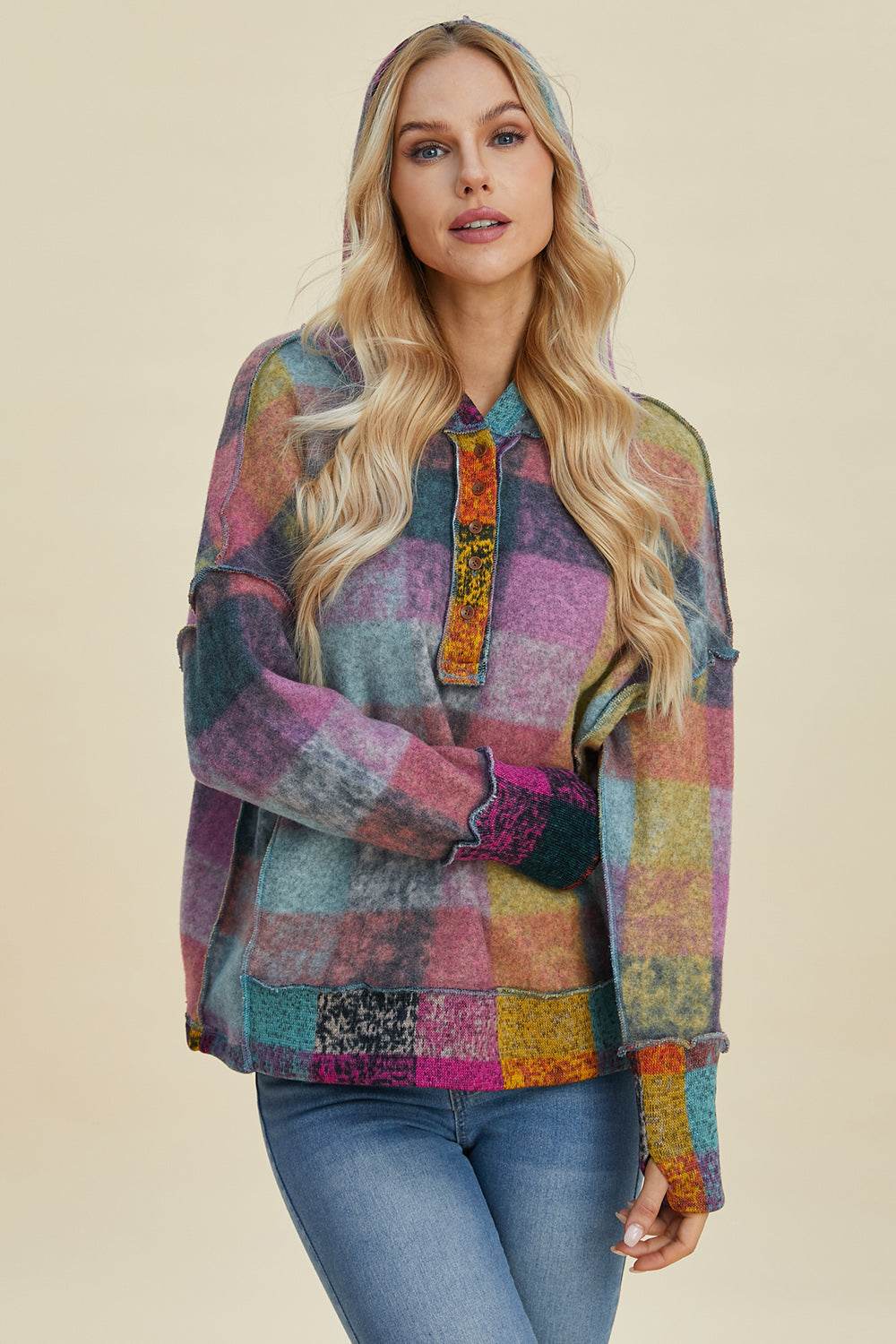 Double Take Full Size Plaid Dropped Shoulder Hoodie - Fashions Envy