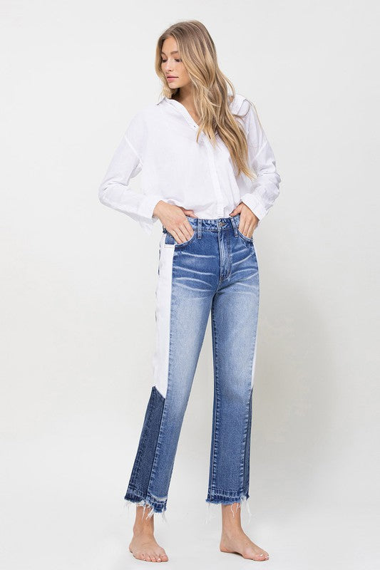 Super HIgh RIse Straight W/Side Blocking Panel Jeans