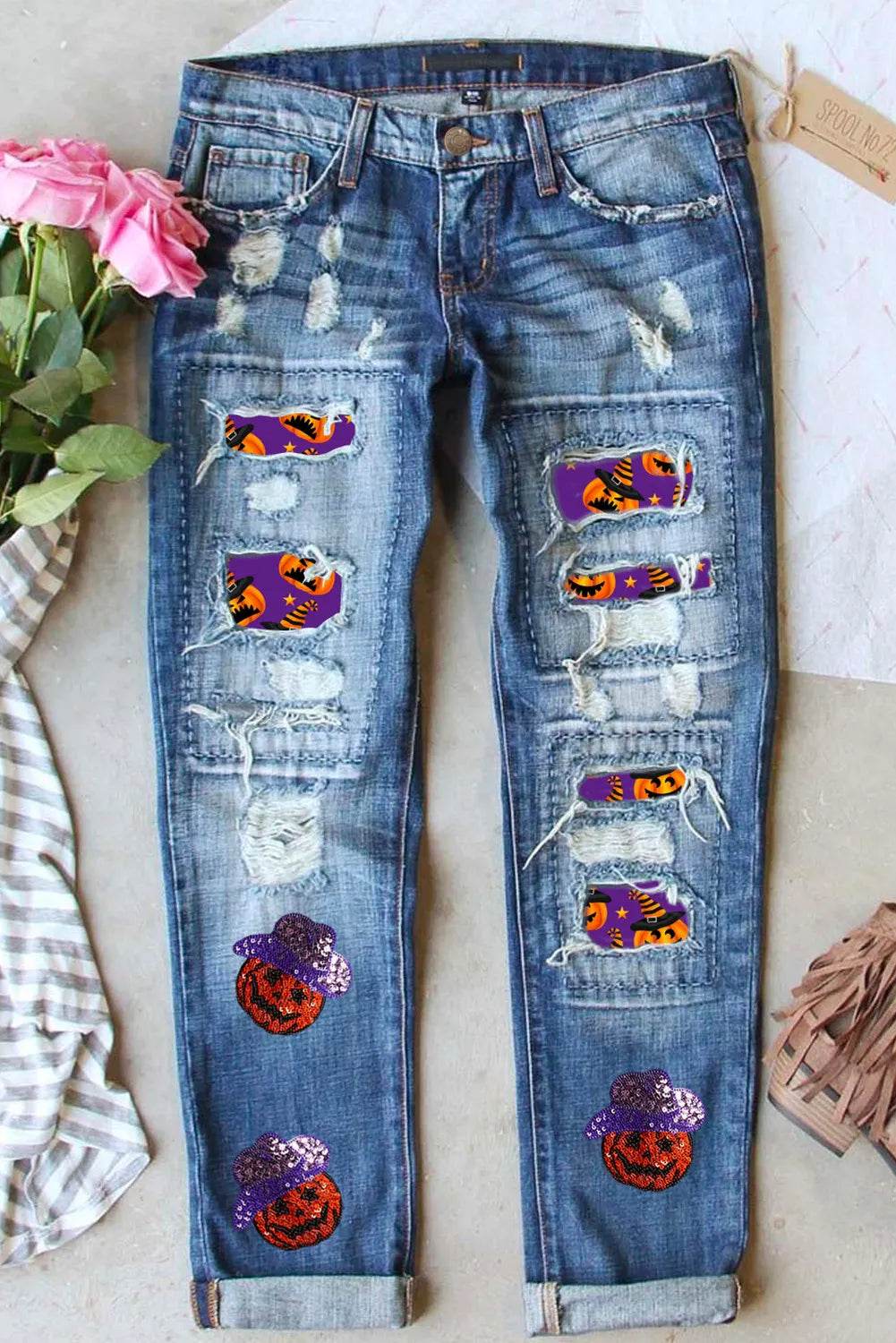 Distressed Sequin Pumpkin Jeans - Fashions Envy