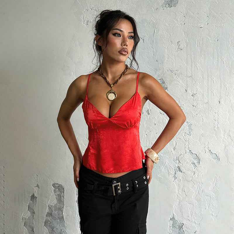 Satin Jacquard Slip Cami Top - V-Neck Loose Fit