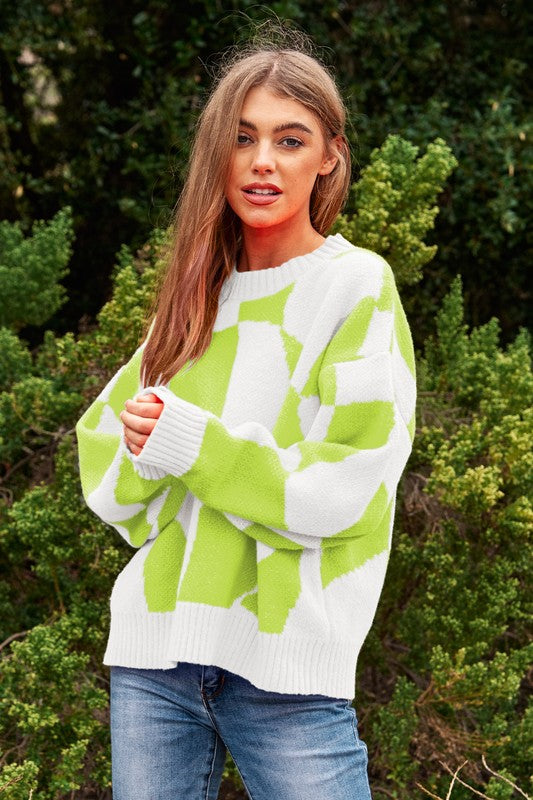 Oversized Multi Geo Checker Pullover Knit Sweater