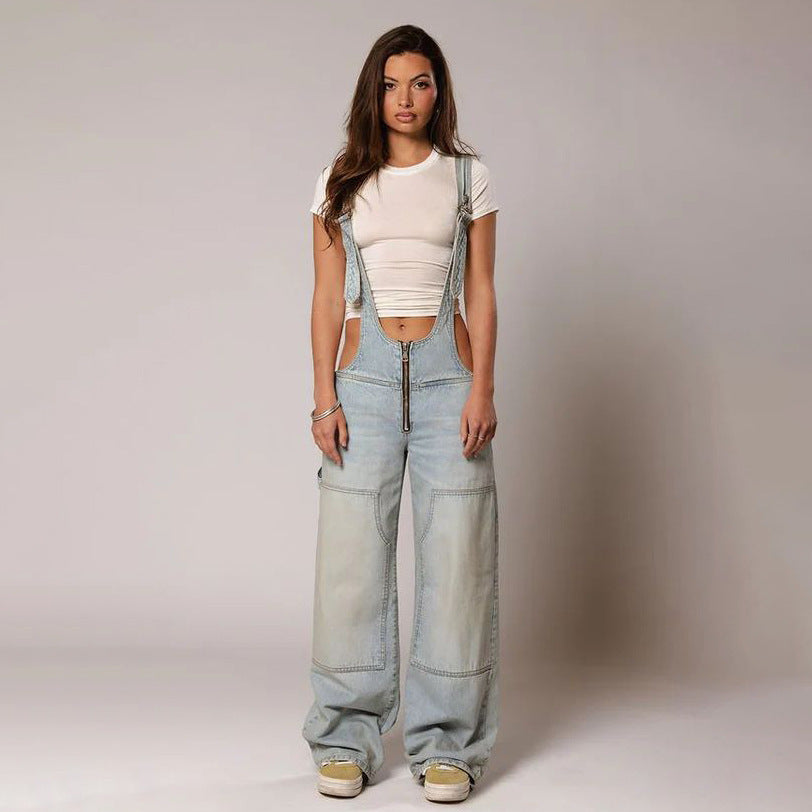 Denim Overalls - Y2K Zipper Suspender Wide Leg Jeans