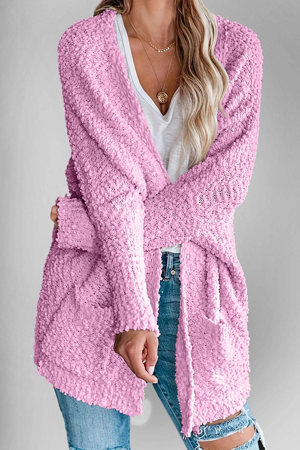 Double Take Pocketed Open Front Long Sleeve Cardigan - Fashions Envy