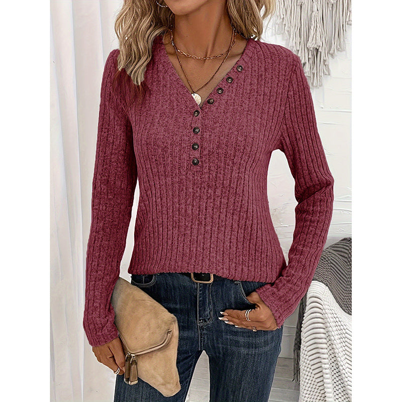 Ribbed V-Neck Tunic - Slim Fit Button-Down Top