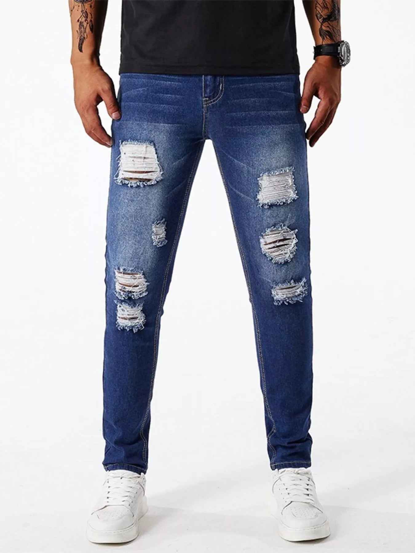 Men's Ripped Slim Fit Jeans - Distressed Stretch Denim - Fashions Envy