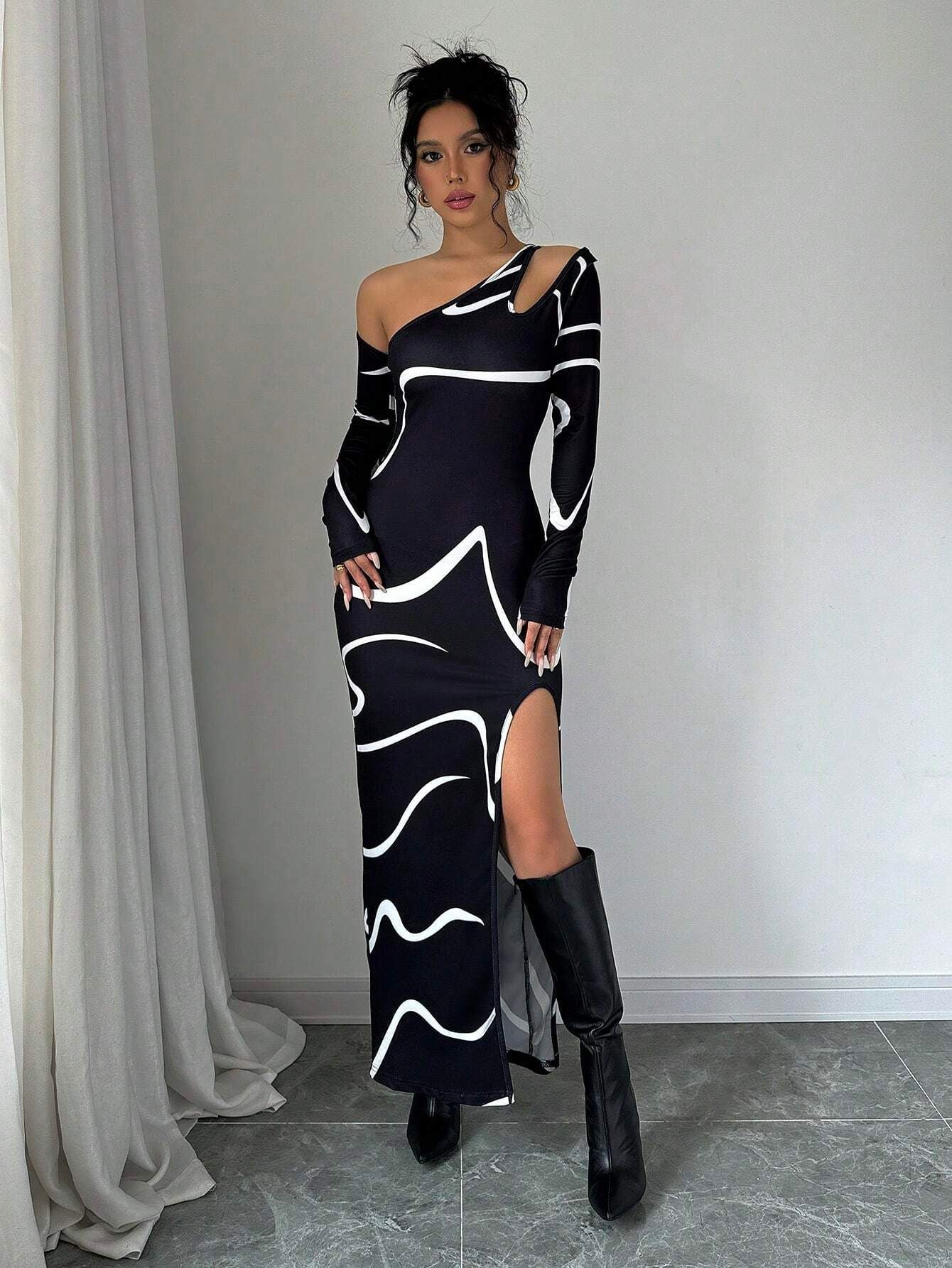 One-shoulder Bodycon Maxi Dress - Graffiti Print Asymmetric