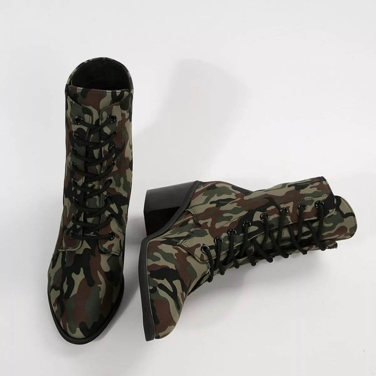 Green Camo Lace Up Block Heels Boots - Mid Heel Combat Boots - Fashions Envy