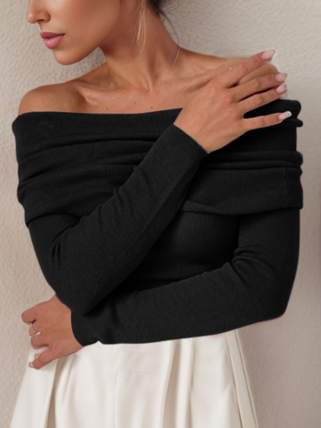 Off-Shoulder Sweater - Long Sleeve Knit Pullover