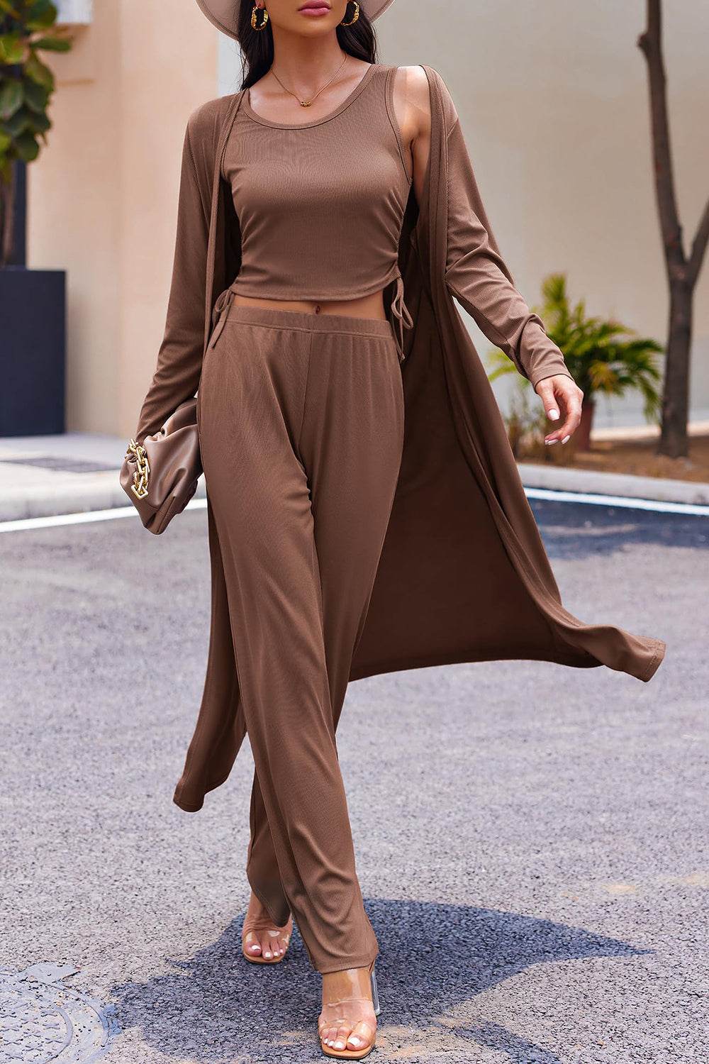 Drawstring Tank - Long Sleeve Cover Up and Pants Set - Fashions Envy