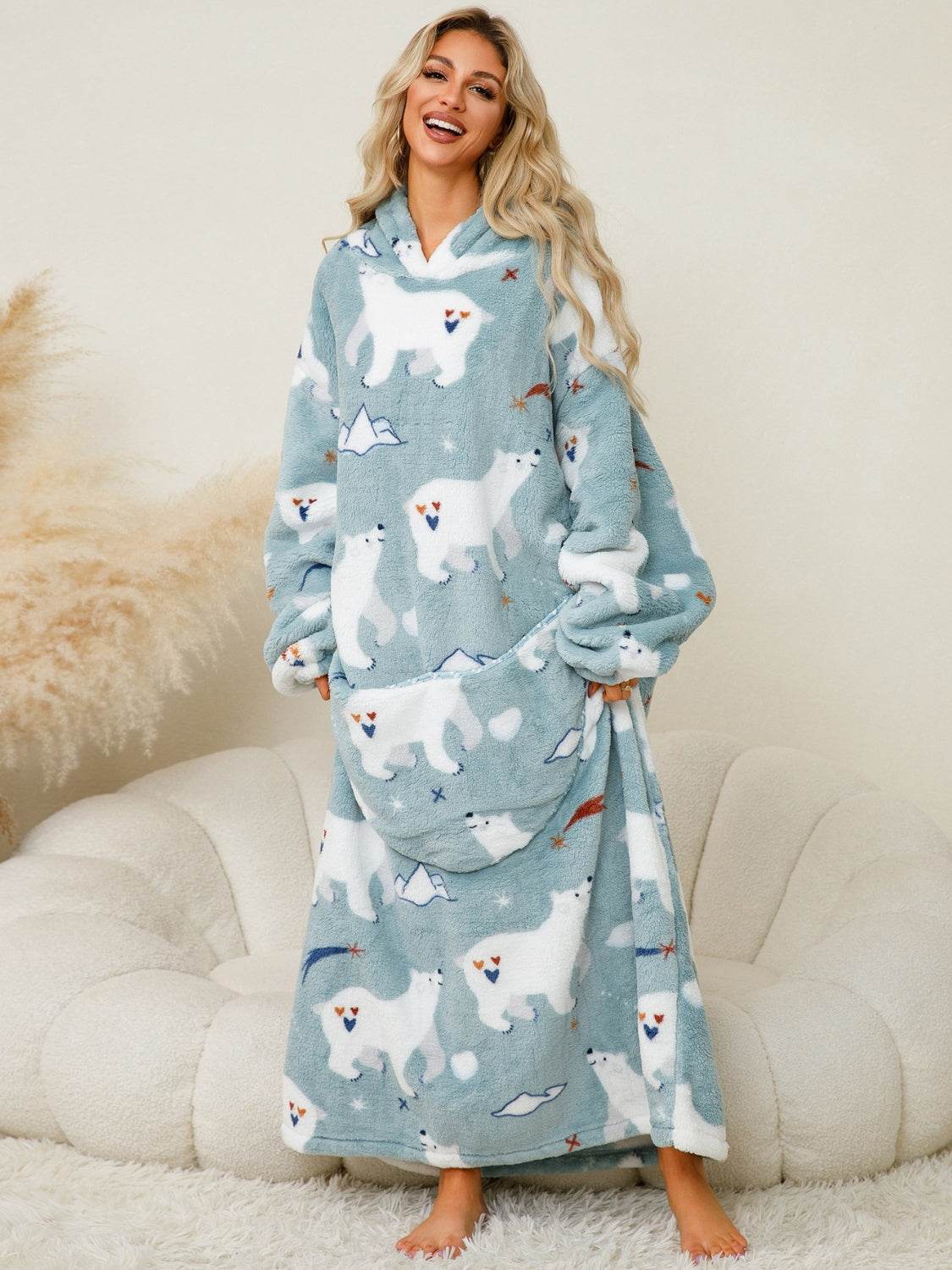 Fuzzy Pocketed Long Sleeve Hooded Lounge Dress - Fashions Envy