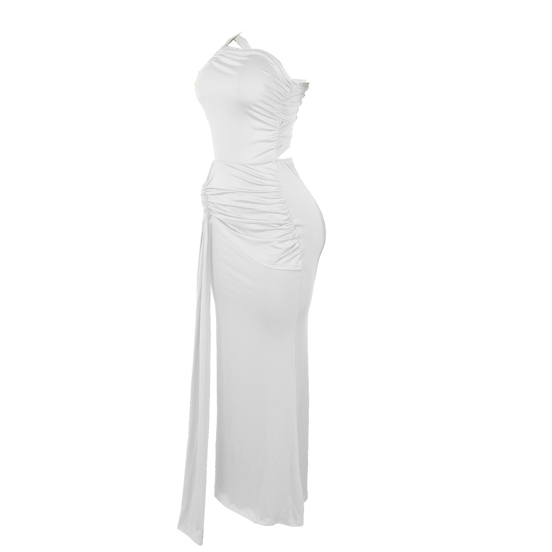 One Shoulder Cutout Maxi Dress - Pleated Bodycon Fit