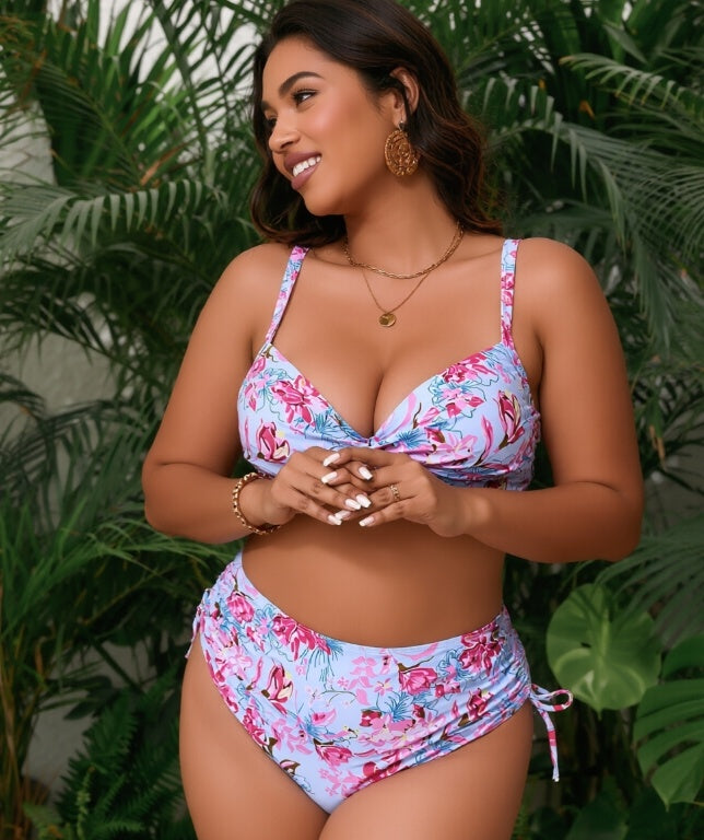 Purple Floral Plus Size Bikini - Halter Tie Neck High Waist