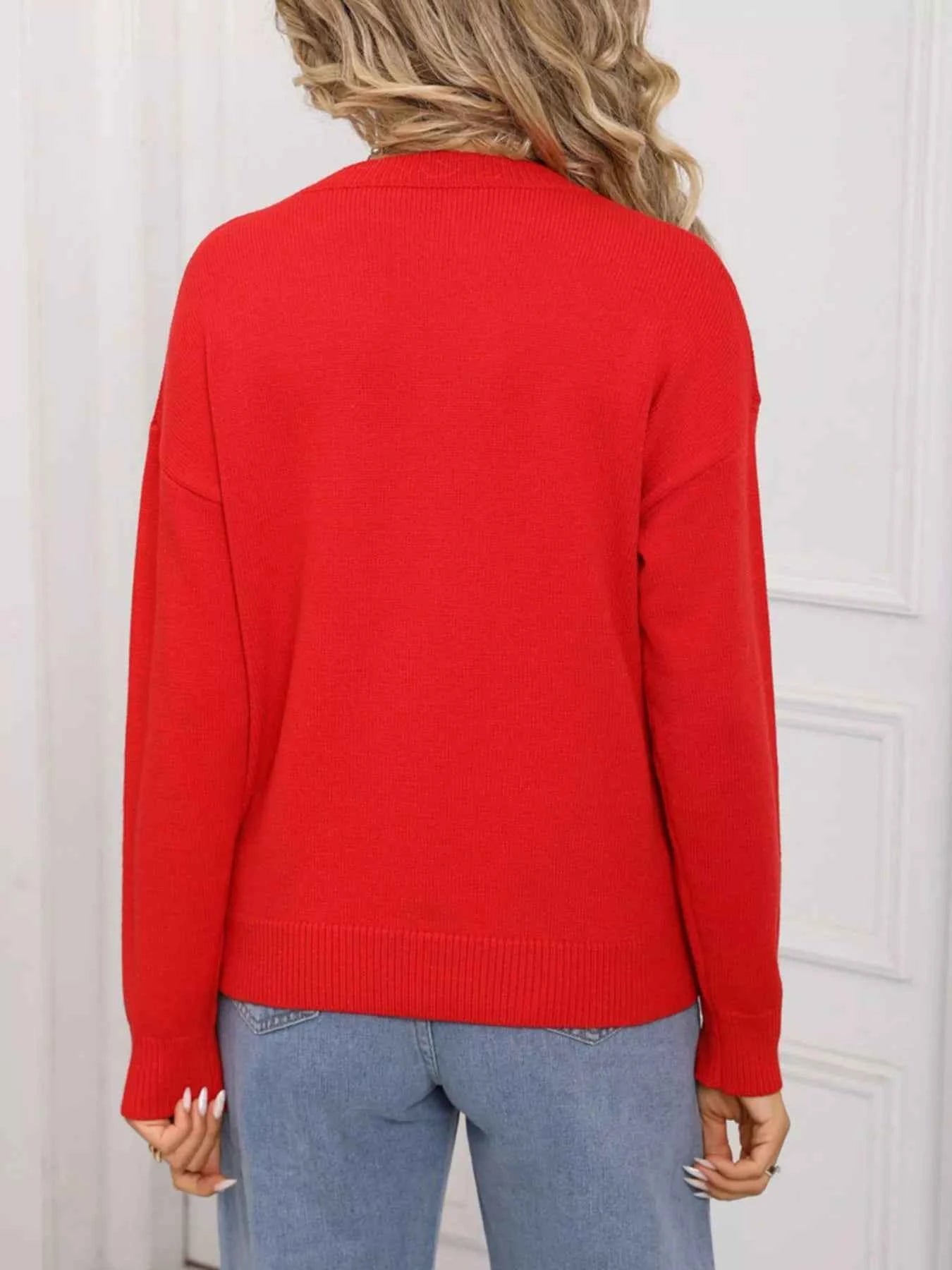 Valentine's Day Heart Round Neck Dropped Shoulder Sweater - Fashions Envy