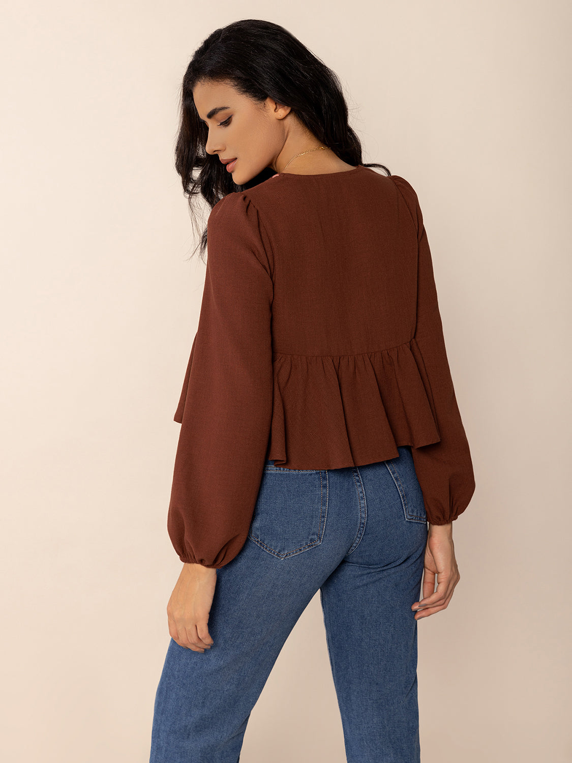 Brown Peplum Tied V-Neck Long Sleeve Blouse
