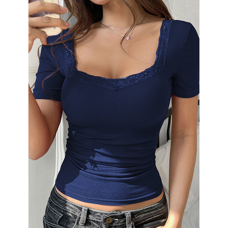 Women's Y2K Lace Trim Tee - Slim Fit U Neck Short Sleeve Top
